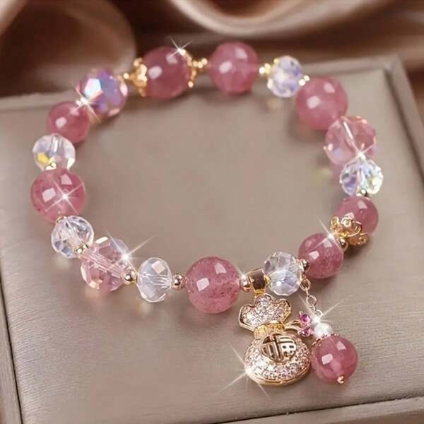 1 Peça Colar de Amuleto Carteira da Sorte + Contas | Joias de Fio Metálico Enrolado Feng Shui Riqueza, Pulseira com Bola de Estética Asiática para Mulheres, Elegante Joia Brilhante, Pulseira Pendente da Moda - Presente de Verão | Joia | Pulseira Feminina