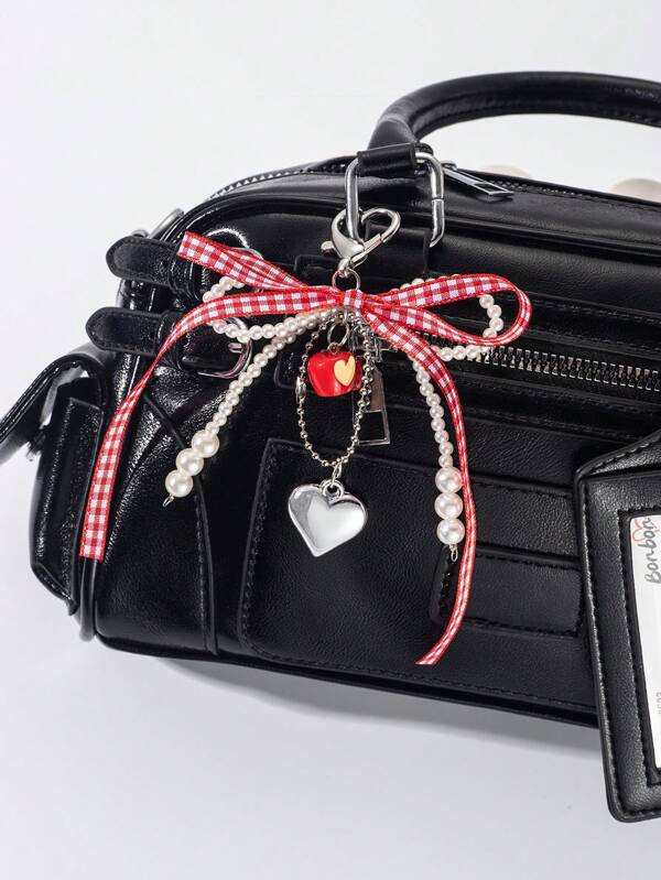 1pc Fabric Plaid Bow Keychain, Elegant Bead & Heart Pendant Decorative Accessory, Cute & Sweet Bag Charm, Suitable For All Seasons Car Accessories Backpack For School