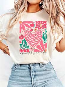 1 buc Tricou cu mânecă scurtă, cu guler rotund și imprimeu grafic casual pentru fete adolescente, îmbrăcăminte de vară pentru studenți - Tricou minimalist în stil englezesc care inspiră imaginația și exprimarea de sine