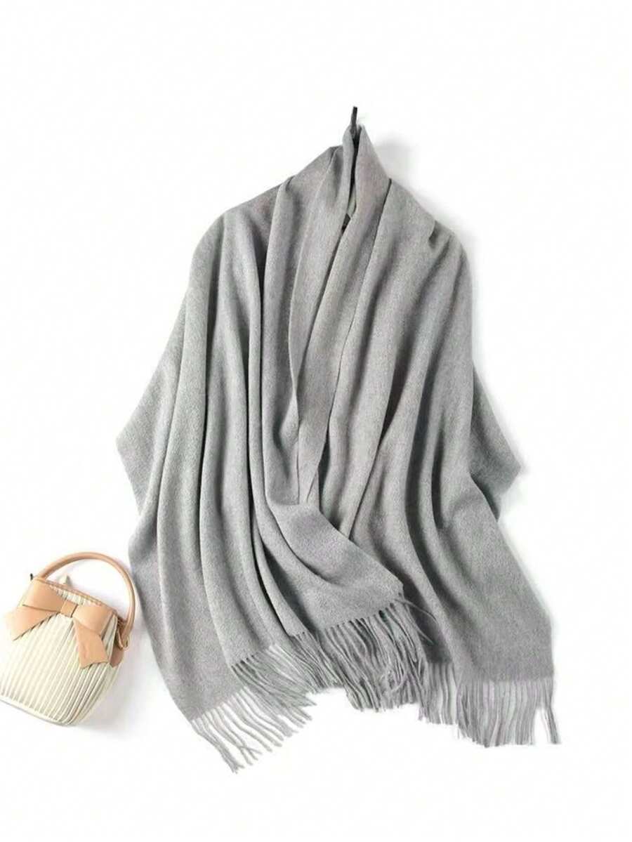 MilyModa Plain Cashmere Scarf 150g With Fringes - Grey - View 1