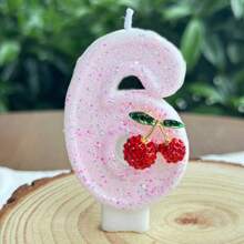 1 pieza Vela con número de cumpleaños, vela de cumpleaños con cereza, vela de pastel con lentejuelas como decoración, adecuada para celebraciones de aniversario de niñas y mujeres