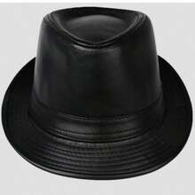 Chapéu fedora aba curta couro sintético PU moda roqueira blogueira casual - Preto - Visão 3