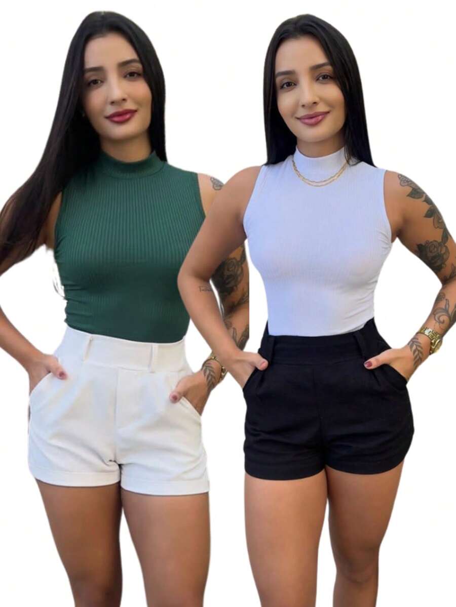 Kit 2 Women's High Neck Blouse - White/Military Green - View 1