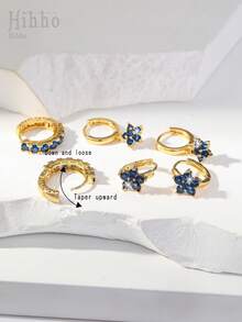 Hihho 6 件套优雅海军蓝方晶锆石花朵吊坠耳环奢华珠宝礼品套装 - 寶藍色 - 查看 8