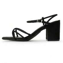 Women Strappy Square Toe Chunky Block Mid Heel Sandals – Cute Elegant Buckle Strap Heels For Spring/Summer Weddings, Bridesmaid, Date Night, Party, Prom & Business Casual Wear [Size Up Half Size] - 黑色純素絨面革 - 查看 2