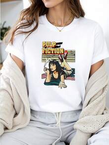 Camiseta feminina com estampa retrô - Design Pop Art inspirado em Pulp Fiction, camiseta estilo vintage com estampa de filme, moda primavera-verão para mulheres - Estoque limitado, melhor presente para fãs de cinema - Branco - Ver 3