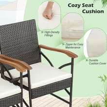Set Of 9 Outdoor Dining Table W/ Acacia Wood Table & Cushions 1.9'' Umbrella Hole - Mix Brown and White - View 4