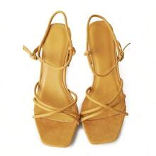 Women Strappy Square Toe Chunky Block Mid Heel Sandals – Cute Elegant Buckle Strap Heels For Spring/Summer Weddings, Bridesmaid, Date Night, Party, Prom & Business Casual Wear [Size Up Half Size] - 萬壽菊純素絨面革 - 查看 3