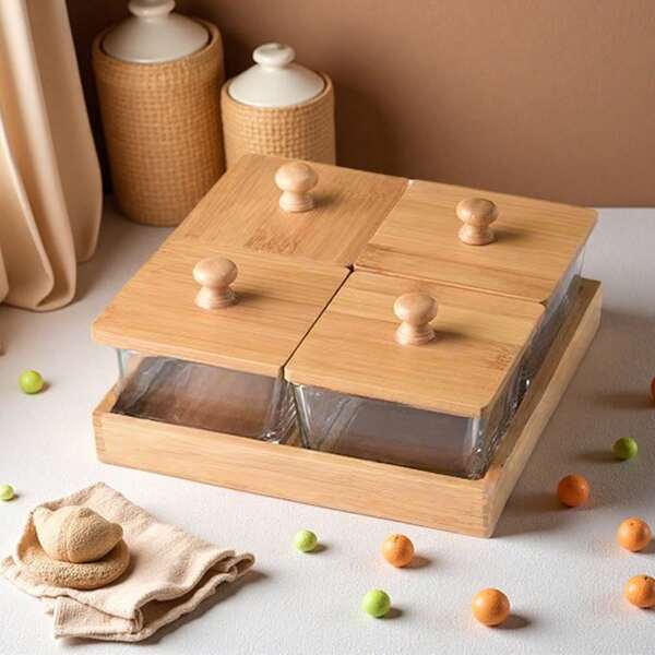 1 Set Plato de Bambú y Madera de Lujo Multicompartimento con Bandeja y Tapa, Tazón de Vidrio, 2/3/4/6 Divisiones, Plato para Fruta Seca de Gran Capacidad y a Prueba de Polvo, Adecuado para Baño de Pies, Salón de Belleza, Hogar, Oficina, Almacenamiento de Ingredientes de Cocina y Frascos de Especias