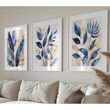 3pcs Frameless Canvas Blue Botanical Prints, Abstract Printed Wall Art, Modern Living Room Wall Decor, Blue Leaves Bedroom Posters, Hallway Prints, Modern Art Decoration,Home Decor Living Room,Wall Decor,Decoration Maison