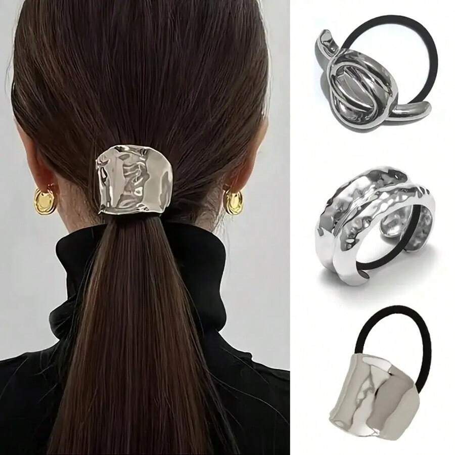 Bộ 3 dây buộc tóc bằng hợp kim màu bạc xám thanh lịch, dây buộc tóc bằng kim loại có họa tiết lấp lánh, dây buộc tóc bằng hợp kim màu trơn, quà tặng hoàn hảo cho ngày lễ tình nhân, tóc giả, dây buộc tóc, phụ kiện tóc, dây buộc tóc đuôi ngựa, dây thun buộc tóc, dây chun buộc tóc - E - Xem 1