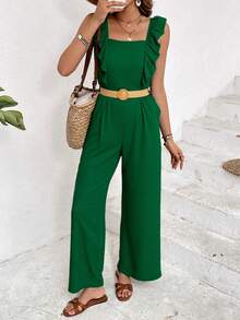 Jumpsuit a capas fruncido de manga con cinturón pierna ancha  Liso    Casual  Bohemio    Volante fruncido  Fruncido - Verde - Ver 1