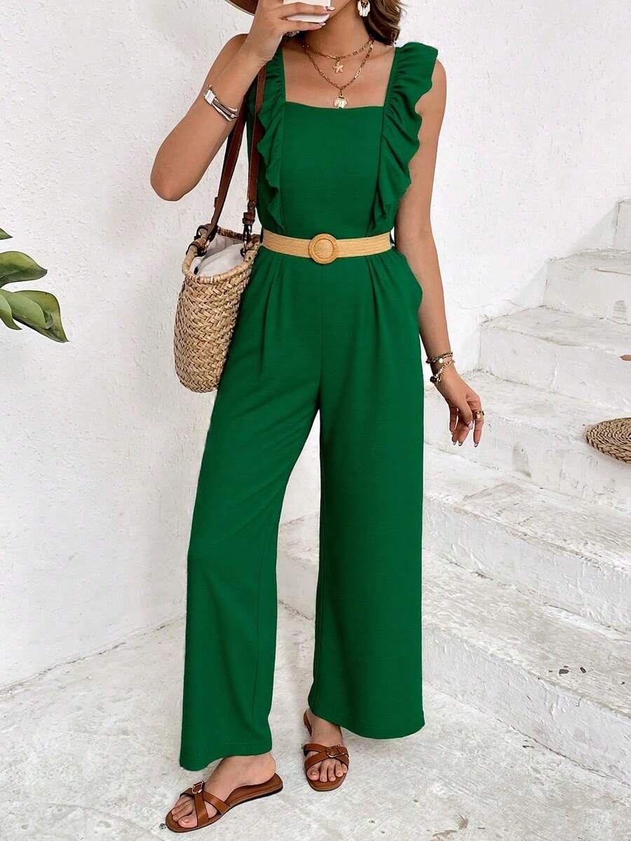 Jumpsuit a capas fruncido de manga con cinturón pierna ancha  Liso    Casual  Bohemio    Volante fruncido  Fruncido - Verde - Ver 1