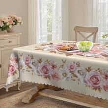 1pc Elegant Marble 3D Floral Print Round/Rectangular Tablecloth, Pink & White Flower, Luxurious Pearl Pattern Round/Rectangular Decorative Tablecloth, Party Decor, Home Kitchen Dining Table Cover, Indoor Outdoor Use, Home Decor, Holiday Gift For Family & Friends