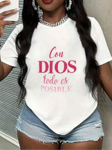T-shirt casual a maniche corte da donna con effetto tipografico, celebra la Settimana Santa con citazione ispirativa e testo con effetto glitter