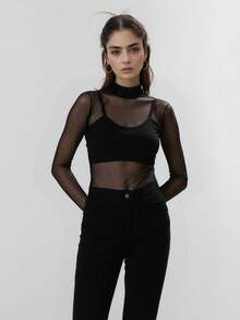 Set Of Tulle Blouse With High Neck + Black Top With Straps – One Size - Black - View 2