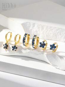 Hihho 6 件套优雅海军蓝方晶锆石花朵吊坠耳环奢华珠宝礼品套装 - 寶藍色 - 查看 6
