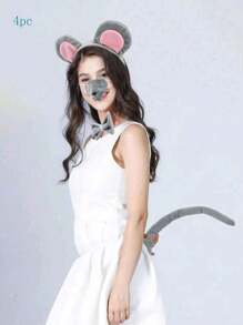4pcs/Four-Piece Mouse Ears And Tail Set (Gray) Mouse Headband, Tail, Nose Bow, Festive Party Theme Accessory. Suitable For Makeup Dance Performance Costume Props. Halloween