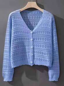 1pc Women's Shrug, Loose V-Neck Hollow Out Knitted Air-Conditioned Shirt, New Style Long Sleeve Sunscreen Cover Up Top Accessories Women