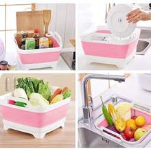 New 9L (2.4Gal Dish Basin Collapsible  Drain Plug Carry Handl , Space Saveing  Storage Tray Dish Wash Basin, Portable Dish Tub For Camping ,RV,Pink