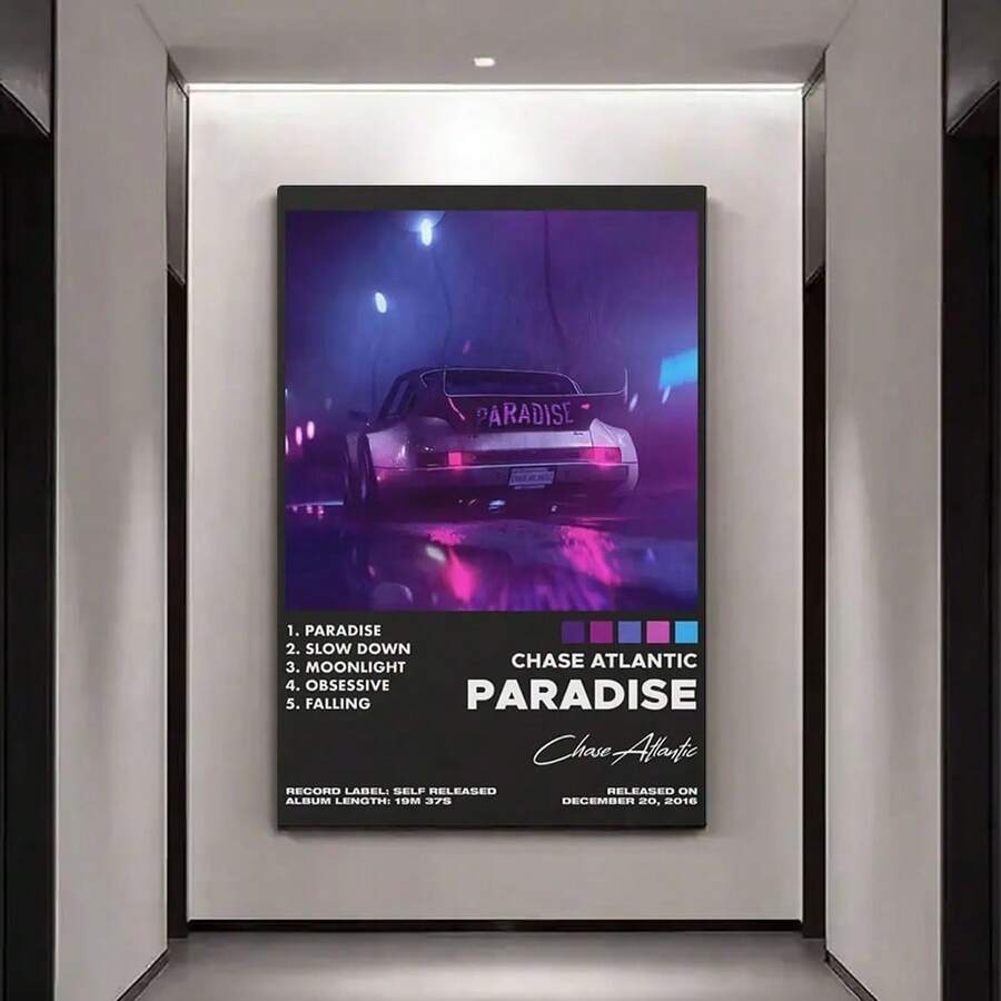 1pc Chase Atlantic "Paradise" Album Art Canvas Poster - Vibrant Neon-Lit Car Design With Lyrics, Perfect For Living Room & Bedroom Canvas Painting Posters And Prints Wall Art Pictures For Living Room Decoration - Multicolor - View 1