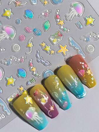 2pcs New 5D Embossed Fashionable Colorful Seashell Nail Art Stickers, 3D Nail Decals
