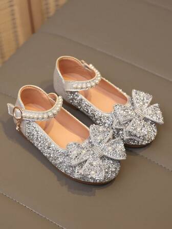 1 Pair Plus Size 2025 New Fashion Versatile Pink Girl Pearl & Rhinestone Bow Decor Cute Flat Shoes, Round Toe, Suitable For Daily Wear, Dancing, Outdoor In Spring & Autumn, Glitter Decoration Closed Toe Princess Ballet Flats, Run Small By Half Size