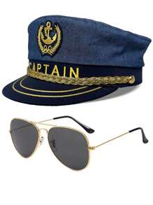 2pcs/Set Unisex Captain Hat, Fun Summer Yatch Party Hat (Captain Hat + Sunglasses), For Beach Party
