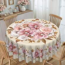1pc Elegant Marble 3D Floral Print Round/Rectangular Tablecloth, Pink & White Flower, Luxurious Pearl Pattern Round/Rectangular Decorative Tablecloth, Party Decor, Home Kitchen Dining Table Cover, Indoor Outdoor Use, Home Decor, Holiday Gift For Family & Friends