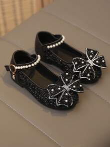 2026新款时尚百搭加大码粉色女童珍珠水钻蝴蝶结装饰可爱平底鞋，圆头，适合春秋季日常穿着、跳舞、户外活动，闪亮装饰闭趾公主芭蕾舞鞋，尺码偏小半码 - 黑色 - 查看 7