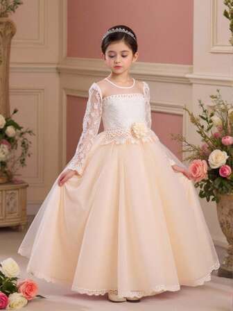 Tween Girl Long Solid Color Lace Tulle Satin Elegant Formal Dress, Suitable For Attending Balls And Formal Dinners, Does Not Include Headband
