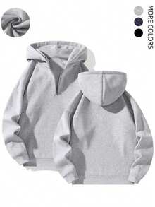 Men's Autumn/Winter Sport Casual Hooded Half-Zip Sweatshirt, Long Sleeve Top - Light Grey - View 1