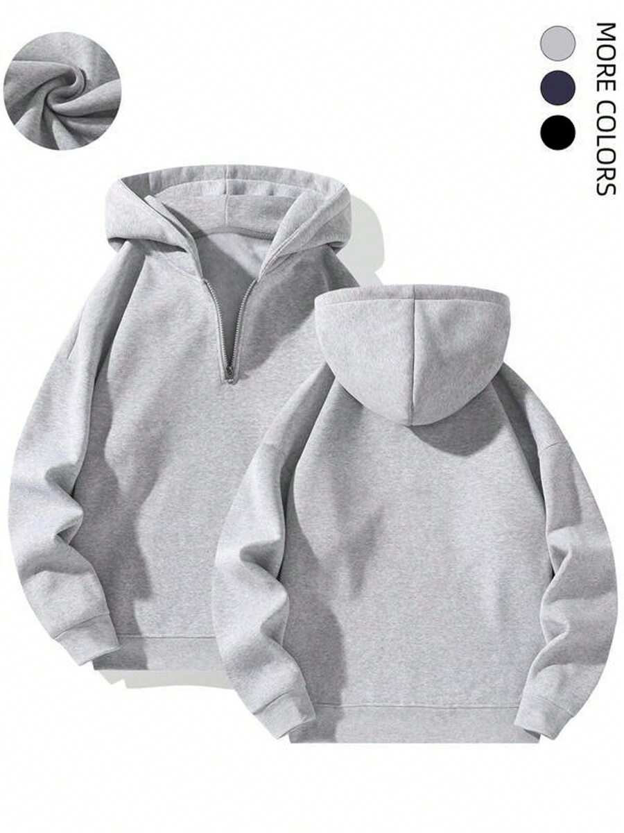 Men's Autumn/Winter Sport Casual Hooded Half-Zip Sweatshirt, Long Sleeve Top - Light Grey - View 1