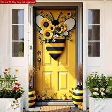 [Bee Theme Banner] Bee Theme 2D Door Banner 1 Piece 2D Fabric Door Cover Flag With Bee Details And Sunflower Design, Suitable For Spring, Camera Background And Indoor/Outdoor Event Party Decor