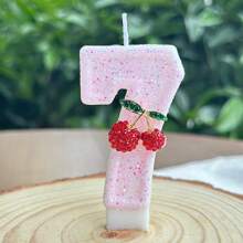 1 pieza Vela con número de cumpleaños, vela de cumpleaños con cereza, vela de pastel con lentejuelas como decoración, adecuada para celebraciones de aniversario de niñas y mujeres