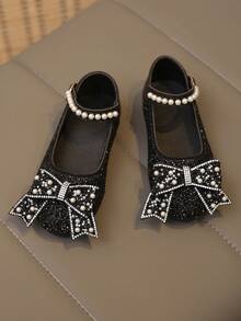 1 双加大码 2025 新款时尚百搭粉色女孩珍珠和水钻蝴蝶结装饰可爱平底鞋，圆头，适合日常穿着、跳舞、春秋季户外穿着，闪光装饰包头公主芭蕾平底鞋，尺码偏小半码 - 黑色 - 查看 6