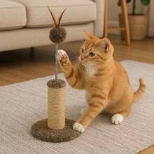 Mini Cat Scratching Post In Beige Sisal And Ball Spring - Yellow - View 6
