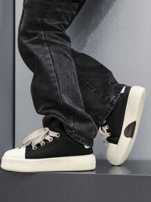 Tênis masculino vintage preto, sola grossa, versátil, moderno, esportivo, calçado para skate casual, masculino, calçado para jovens