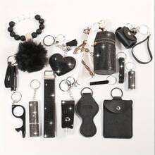 15pcs Keychain Accessories Set, Includes Decorated Bottle, Card Case, Pendant, Rhinestone Perfume Bottle, Heart-Shaped, Tassels, Solid Color Boho Style Car Accessories Bag Charm