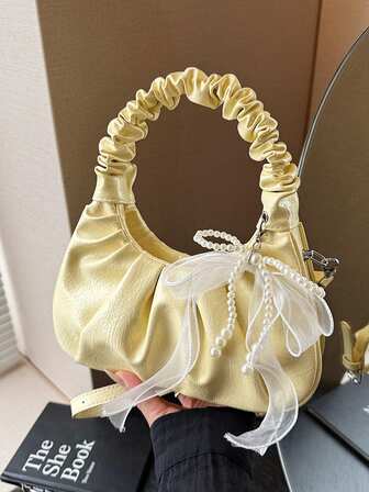 New Fashion Pearl Butterfly Decor Solid Color Zipper Pleated Top Handle Handbag, Multi-Function Tote Shoulder Bag For Women, Suitable For Daily Commute, School, Shopping, Party, Ruffled Edge Cloud Shape Lady Bag, Korean/European Style