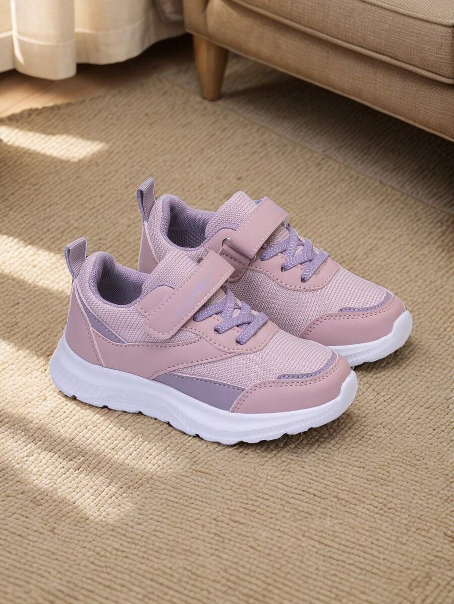 1 Pair Pink Children's Casual Sports Shoes, Breathable Mesh Fabric, Comfortable & Fashionable With Hook And Loop Closure, Suitable For Children, All Seasons, Spring & Autumn - Pink - View 1