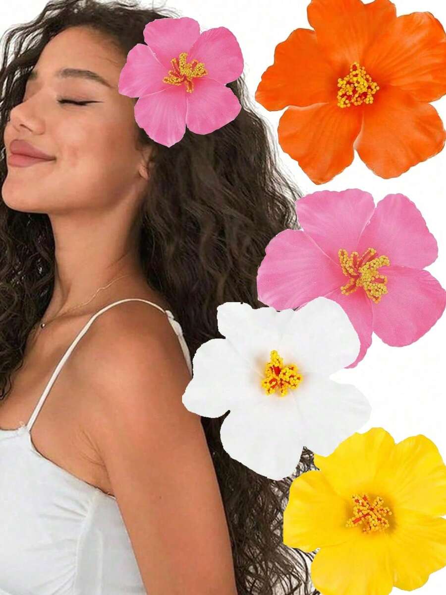 4 件/3 件芙蓉花夏威夷派对夏日派对 DIY 装饰人造花草裙舞女孩喜爱的发饰花（白色）、发饰、爪夹、发夹、发夹、发夹、发夹、学校用品