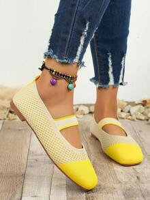 Women's Casual Spring/Summer Color Block Patchwork Strap Knit Square Toe Mary Jane Flat Shoes - Yellowish White - View 4