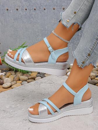 女士拼色厚底坡跟凉鞋，夏季海滩婚礼户外