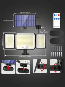 1 Pc - 346LED Solar Outdoor Light, Motion Sensor, Outdoor Solar Light, Solar Spotlight, With Remote Control And 3 Lighting Modes, Pedestrian Lights Off, 3 Solar Floodlights, Courtyard, Garage, Porch, Wall Lights With, 5M Cable Also For Indoor