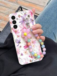 1 件白色 TPU 水彩 Ditsy 花卉图案防震手机壳和 1 件粉色串珠手链，兼容 15 Pro Max、A14、A54、A52、A31 4G、A23、Redmi Note 8 Pro、11 Pro 4G、12 4G、OPPO A54