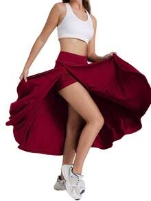 High Waist Maxi Skirt With Slit Ruffle Wrap Skirt Flowy Skirts For Women Long Skirts With Shorts Underneath - 酒紅色 - 查看 7
