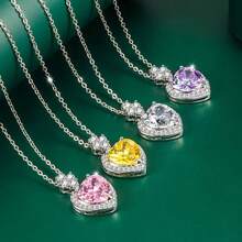 Colar com Pingente de Coração em Prata Esterlina com Zircônia Colorida, Cor de Diamante Rosa, Joia, Acessórios de Estilo Feminino, Presente do Dia das Mães
