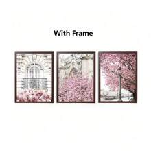 3 Pcs Pink Sakura Spring Paris Landscape Rose Peony Wall Art Canvas Painting, Romantic Picture Poster Decorative Framed Artwork - Red and White - View 17