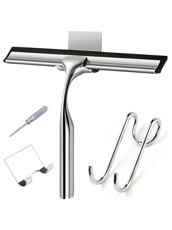 Stainless Steel Shower Squeegee Set, With Shower Door Hooks And Adhesive Hooks, Anti-Slip Bathroom Squeegee For Windows, Car Windshields And Mirrors.